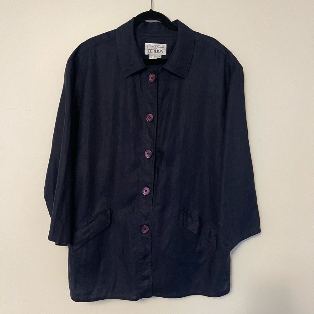 Richie Freeman for Teri Jon Linen Navy Pockets Button Up Blazer Sz 14